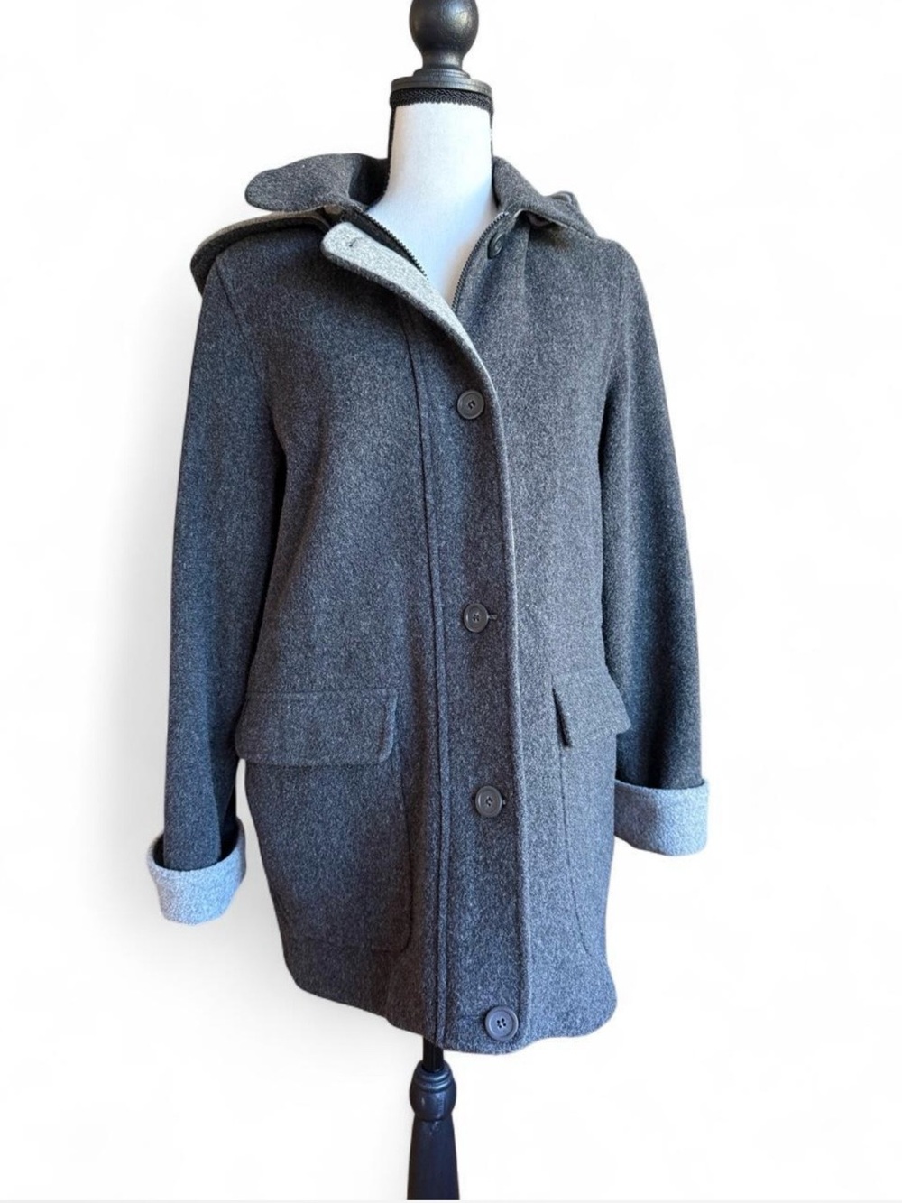 Vintage 90s London Fog 100% Wool Hooded Coat Jacket Gray PM Petite Minimalist
